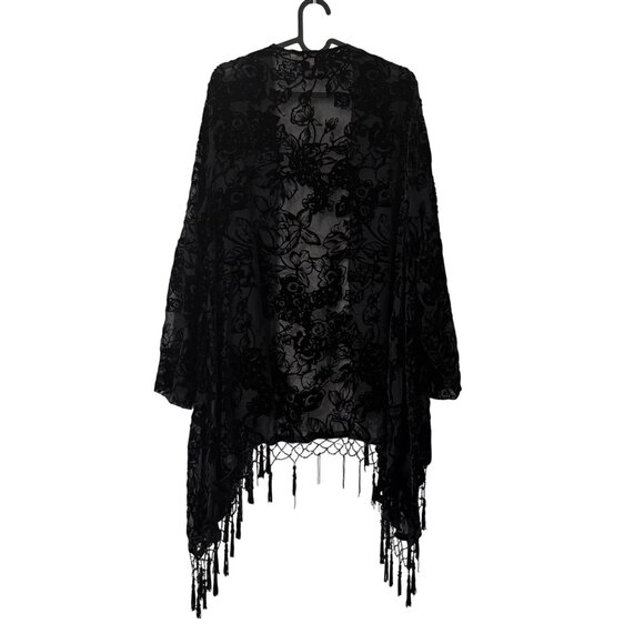 Johnny Was 4 Love & Liberty Black Whimsygoth Velvet Fringe Kimono Medium FLAW - Picture 7 of 8